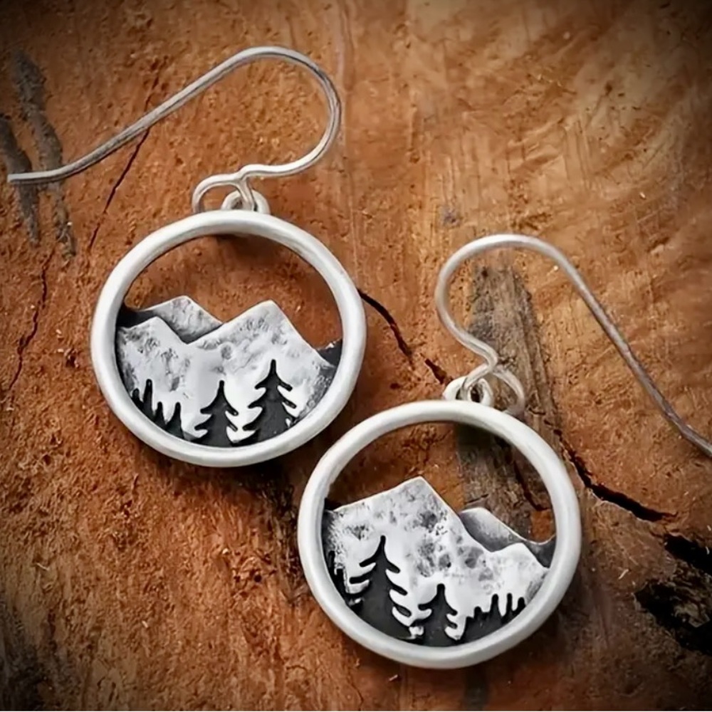 Retro Sterling Silver Plated Mountain Circle Earrings Nature Lover